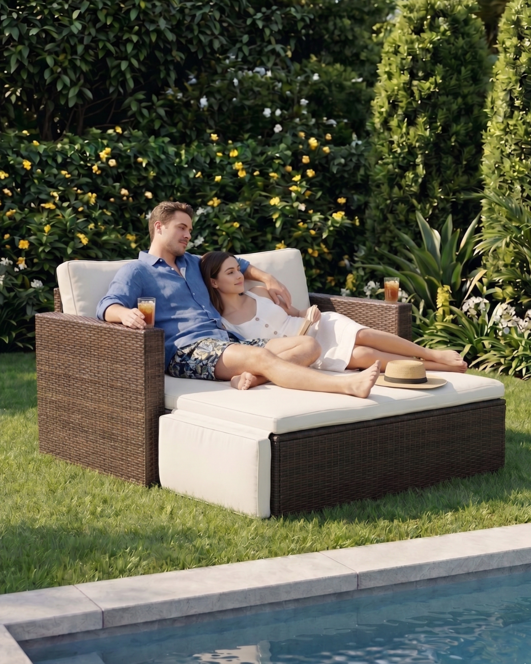 Couple relaxing on a brown rattan double daybed by the pool