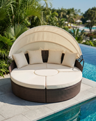 Modular round sofa daybed with canopy by the poolside