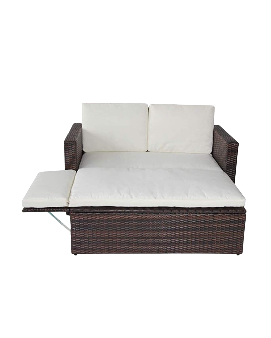 Brown rattan lovebed with cream outdoor cushions