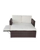 Brown rattan lovebed with cream outdoor cushions