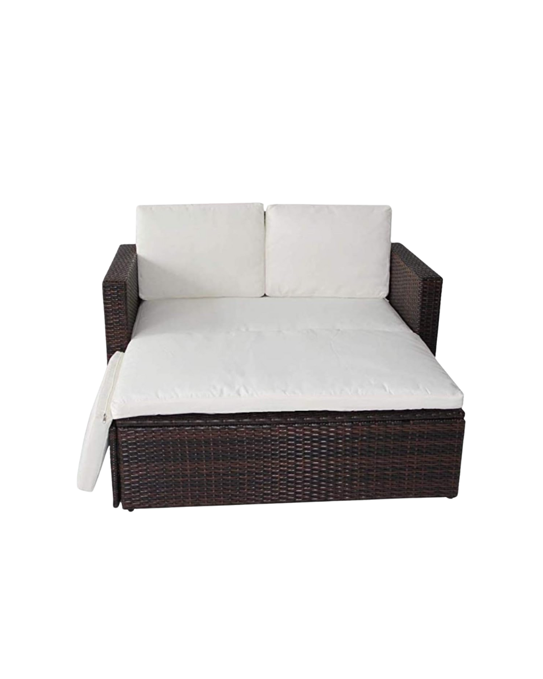 Brown wicker lovebed with cream cushions