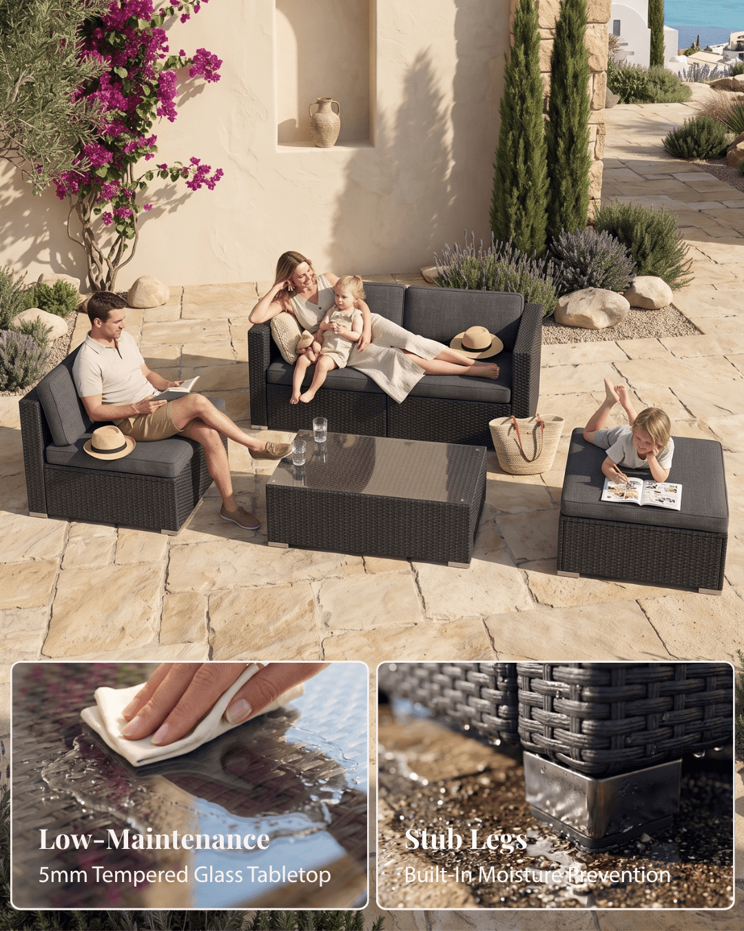 A young family of 4 lounging out on a 4 seater black rattan garden sofa set and reading in a sunlit courtyard