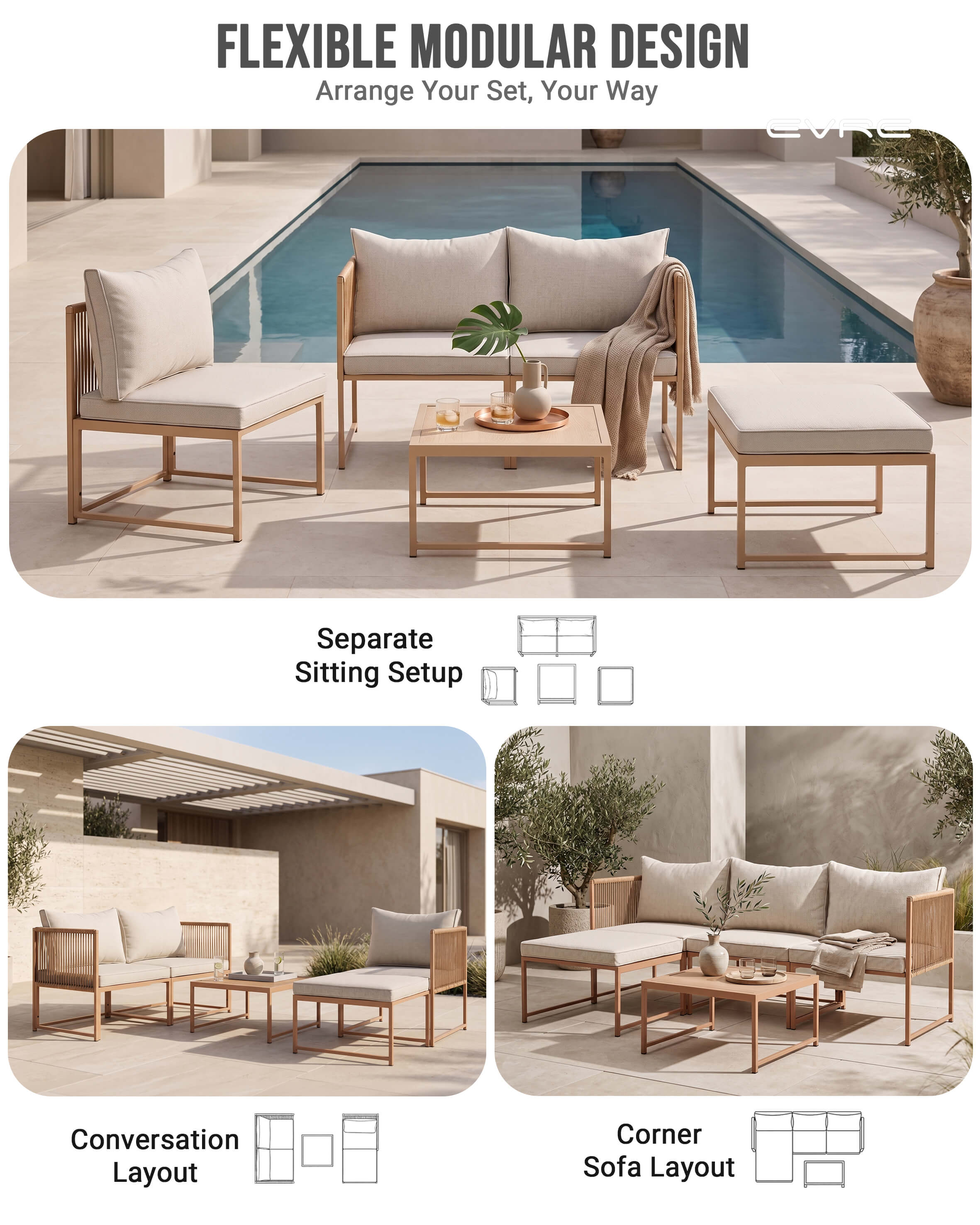 Modular garden sofa with rope details