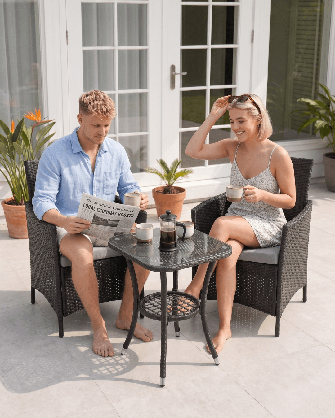 A couple enjoying their morning coffee out doors on the black rattan bistro set