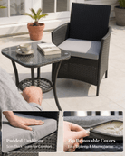 Black wicker outdoor patio furniture set featuring a high-back armchair with gray seat cushion and a matching square side table, shown on a patio