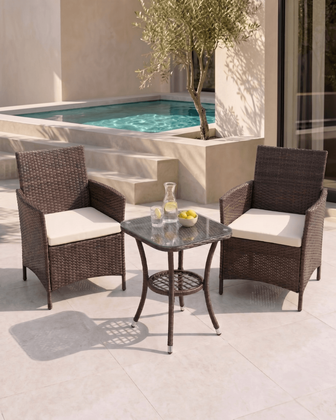 A 3-piece outdoor patio furniture set featuring two brown wicker armchairs with cream cushions and a matching small square glass-top bistro table