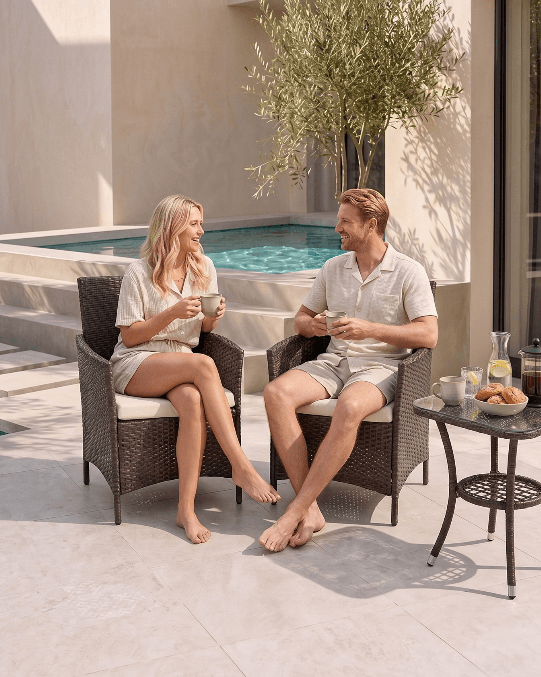 A young couple relax in brown wicker armchairs on a patio by a pool. A small side table with a glass bottle and food sits nearby.