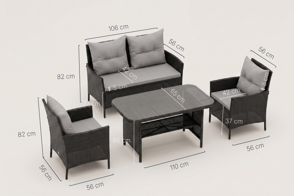 Florence Black Rattan Dining Set Dimensions