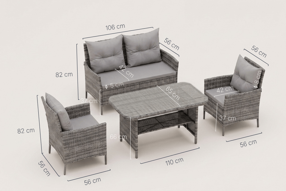 Florence Grey Rattan Dining Set Dimensions