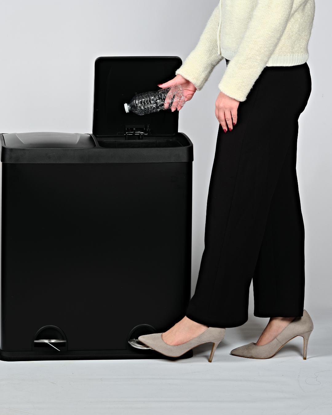 Dual Compartment Bin 60L Black Stainless Steel for Kitchen