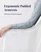 Person sitting on a white chair with ergonomic padded armrests