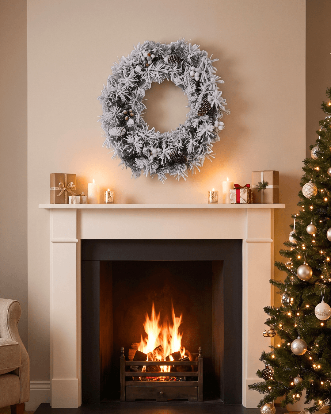 White Christmas wreath with pine cones and winter berries above a lit fireplace mantelpiece