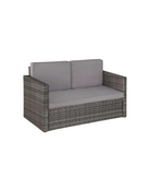 Wicker loveseat with grey cushions