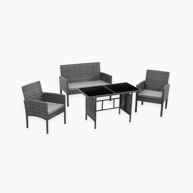 Rattantree 9-Piece Rattan Garden Furniture Set - Dining Table, 4 Armchairs, 4 Stools, Glass Top Table For Porch, Patio, Poolside