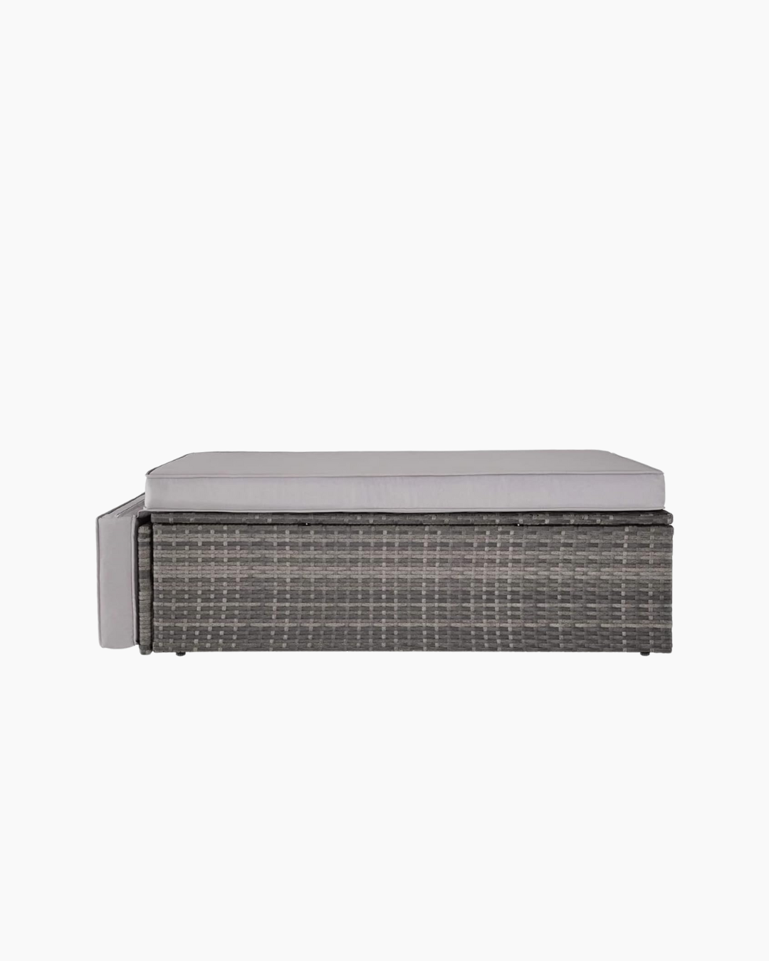 Outdoor bench with wicker design and grey cushion atop