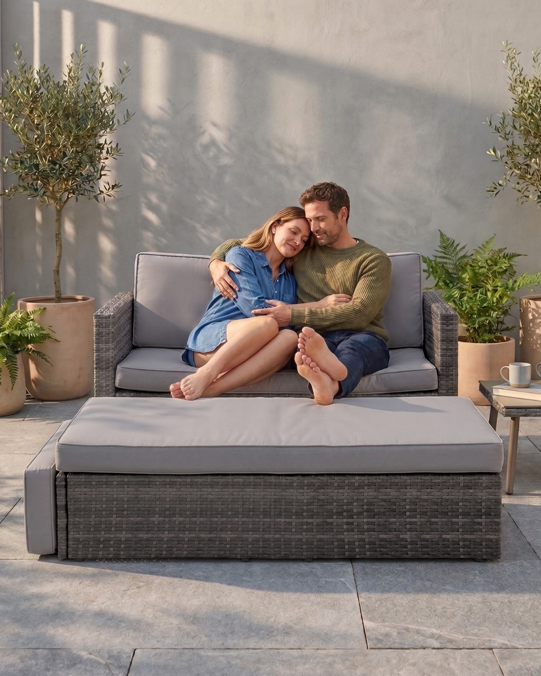 Couple sitting on a gray outdoor sofa bed outdoors