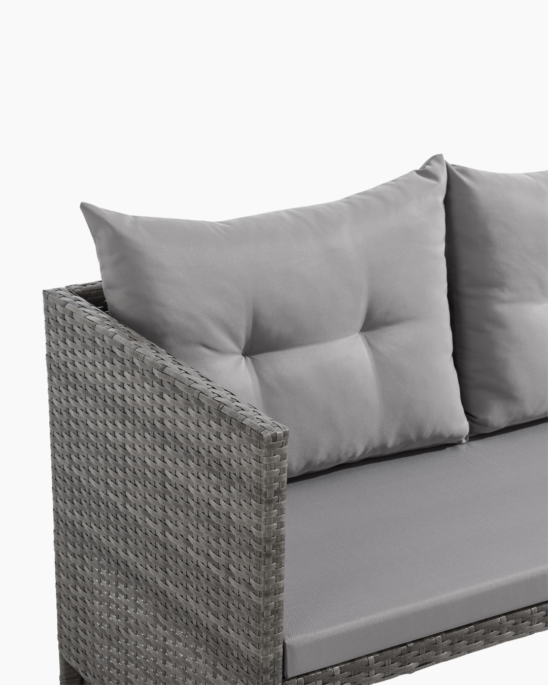 Grey rattan garden furniture set with cushioned seating