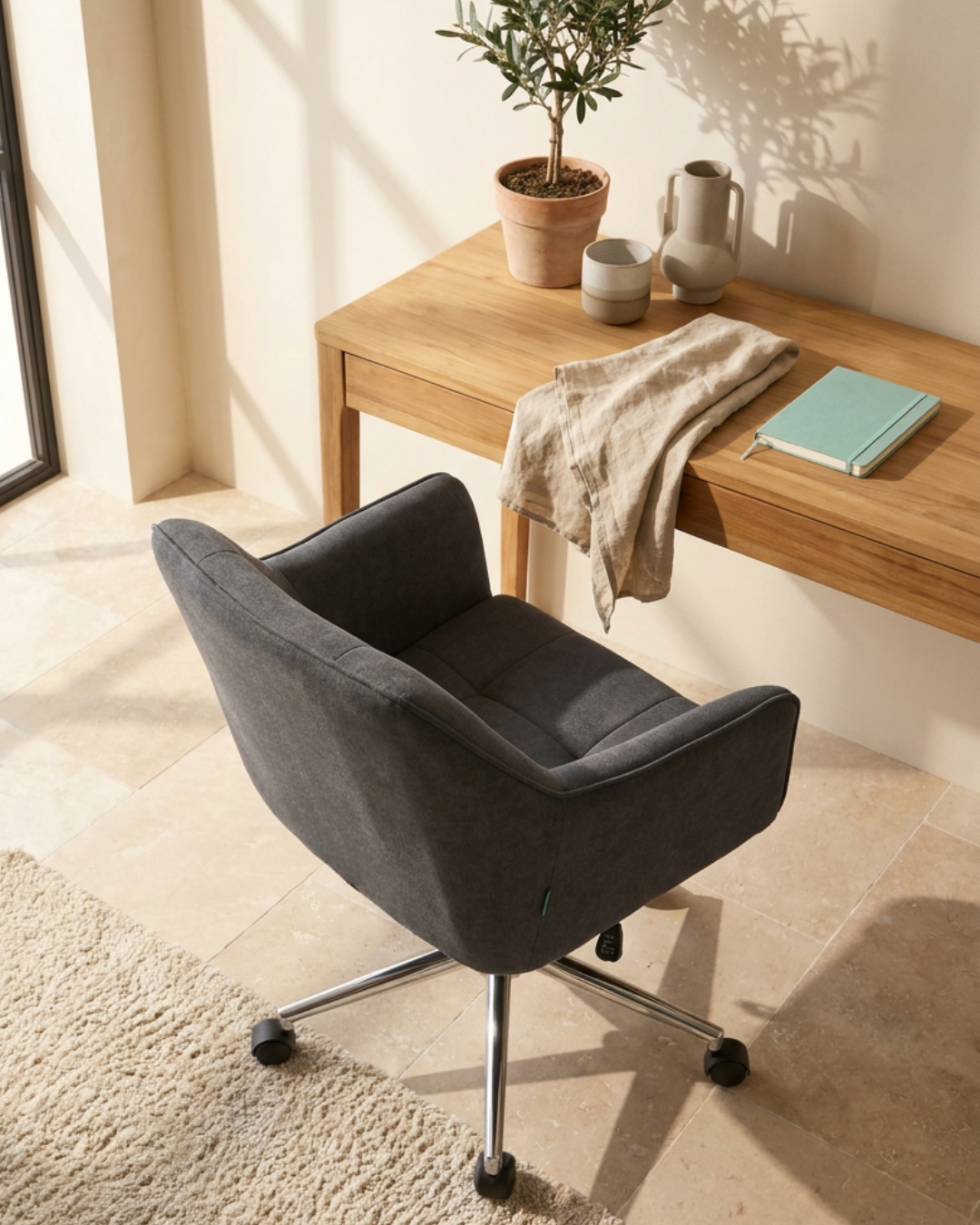 Grey office chair in a home office setting with a wooden desk and decor
