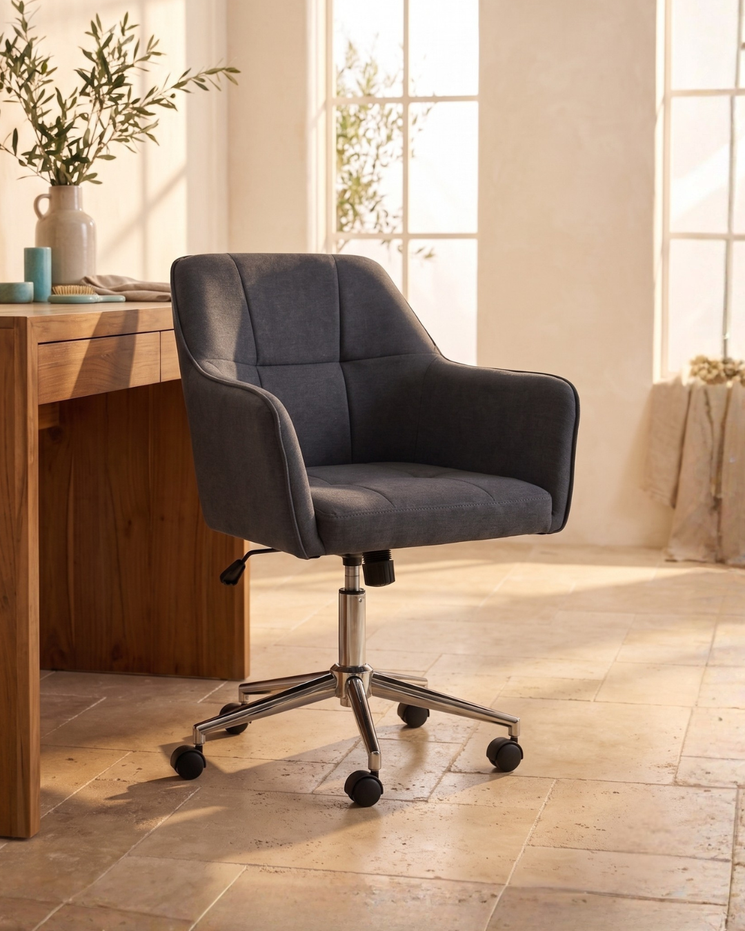 Grey office chair in a bright room with wooden desk and plants