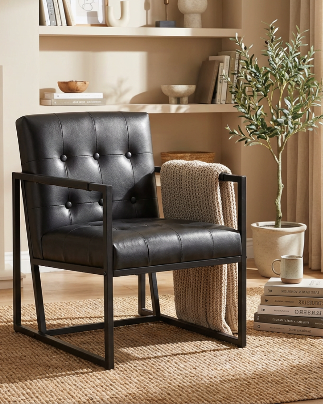 Black PU leather armchair in a cosy room