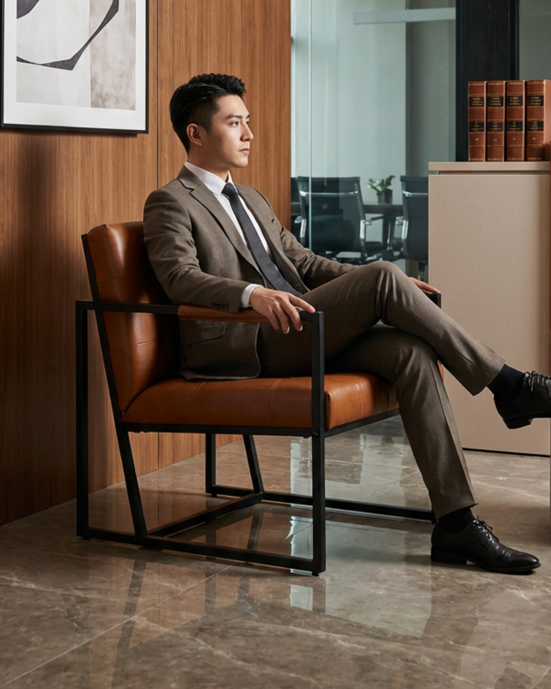 Man in a suit sitting on a brown leather armchair in an office setting
