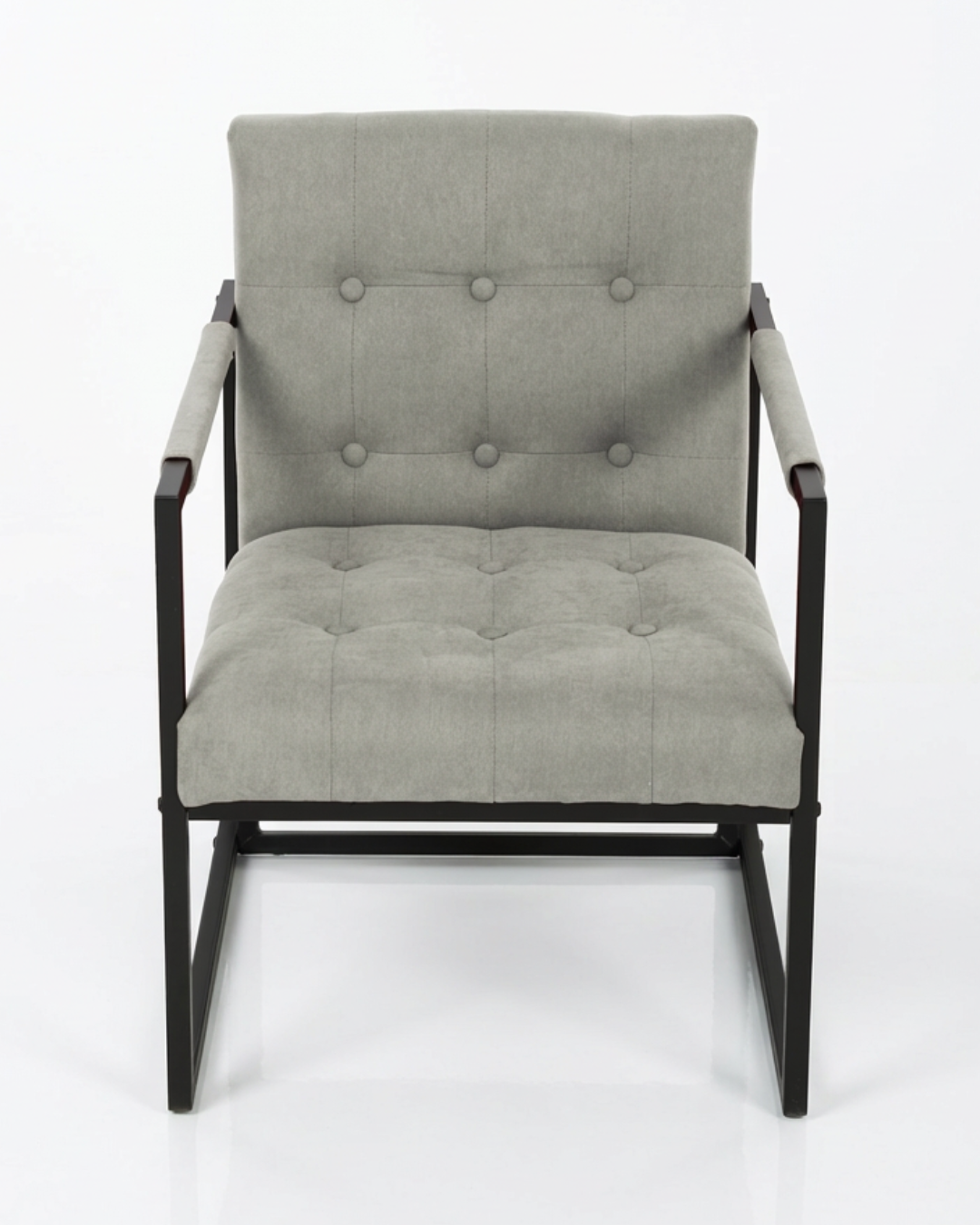 Button tufted grey fabric armchair