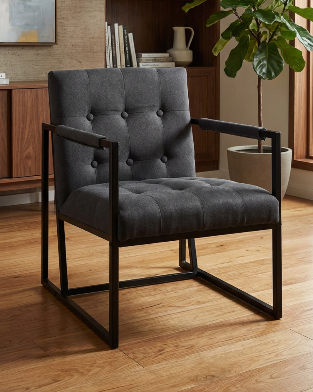 Upholstered grey accent chair with black metal frame