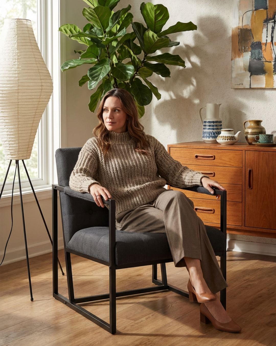 Woman sitting in a grey armchair in a lounge