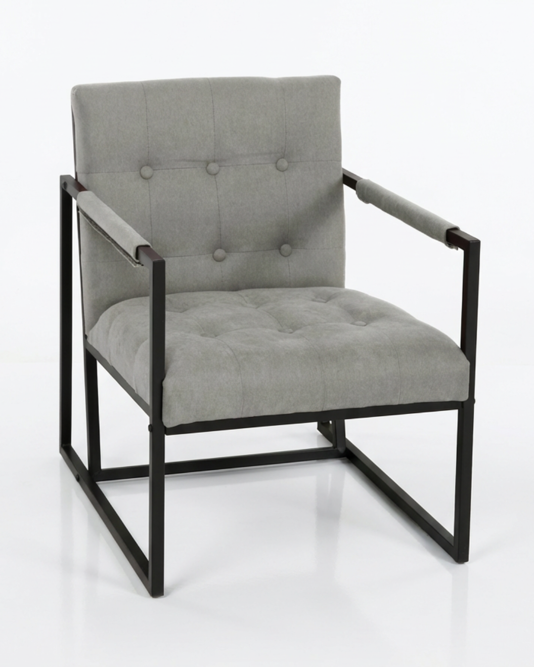 Grey fabric tufted accent chair with black metal frame