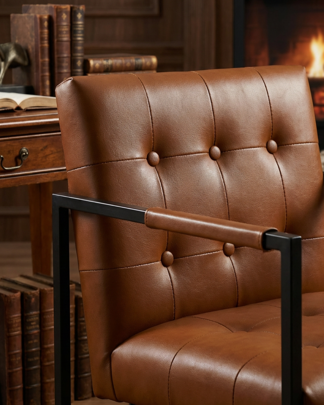 Brown PU leather chair with button tufted backrest in a home office