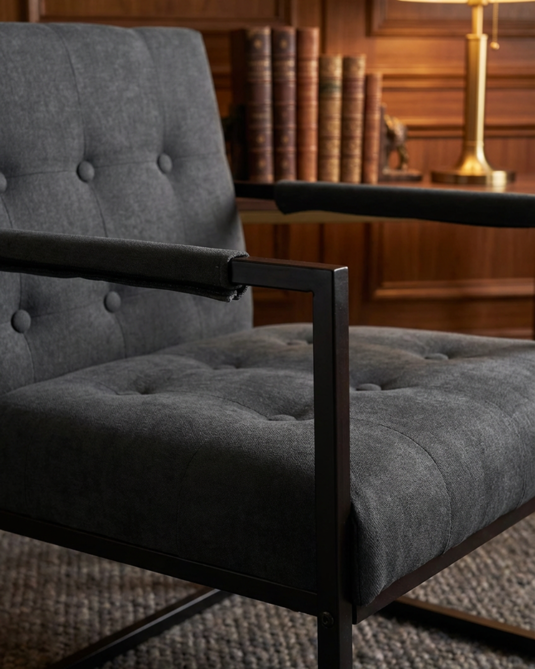 Grey tufted fabric chair in living room