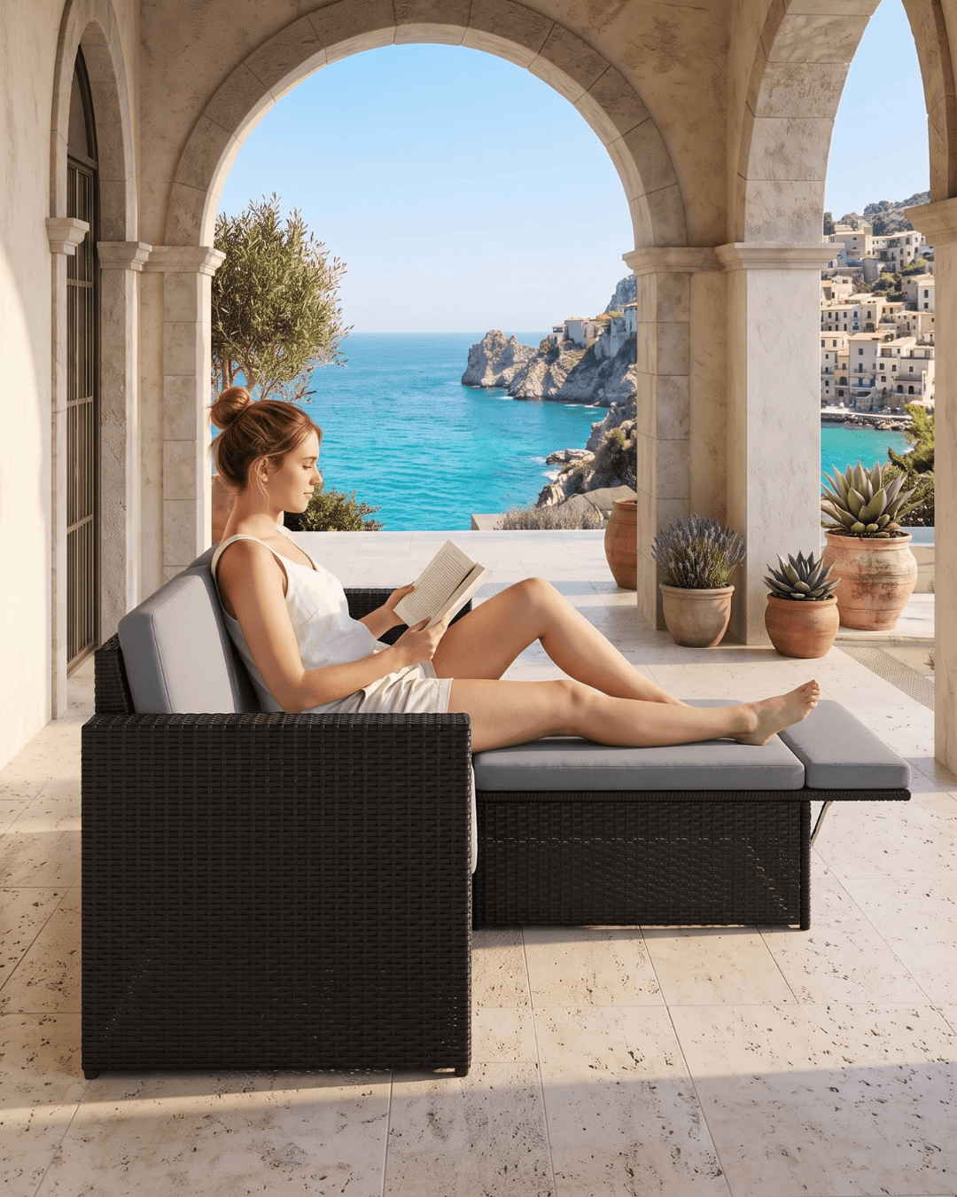 A woman relaxing on a black wicker outdoor chaise lounge with gray cushions on a stone patio, reading a book