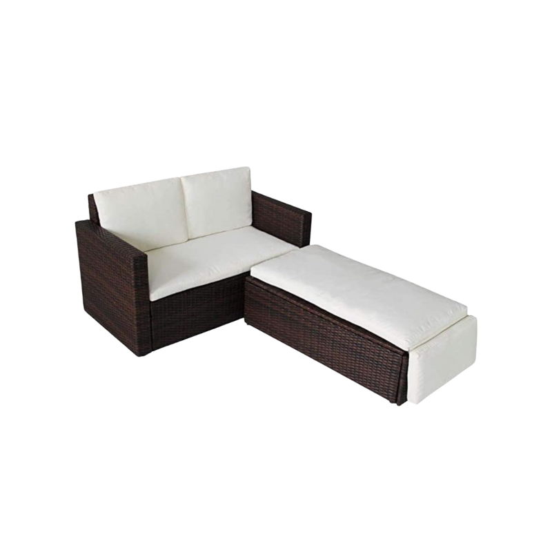 Brown rattan patio sofa bed with modular footstool for lounging