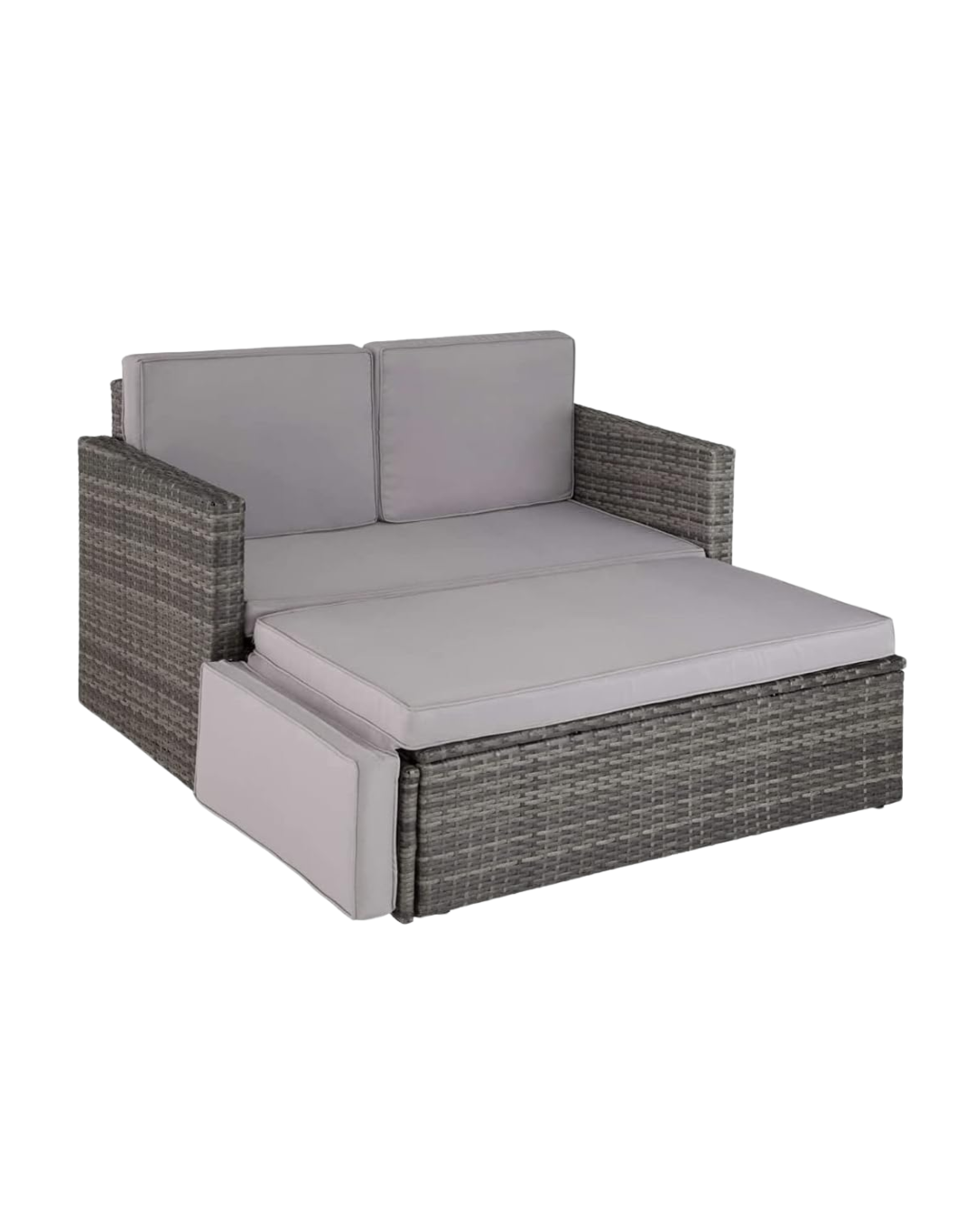Grey rattan lovebed with grey outdoor cushions