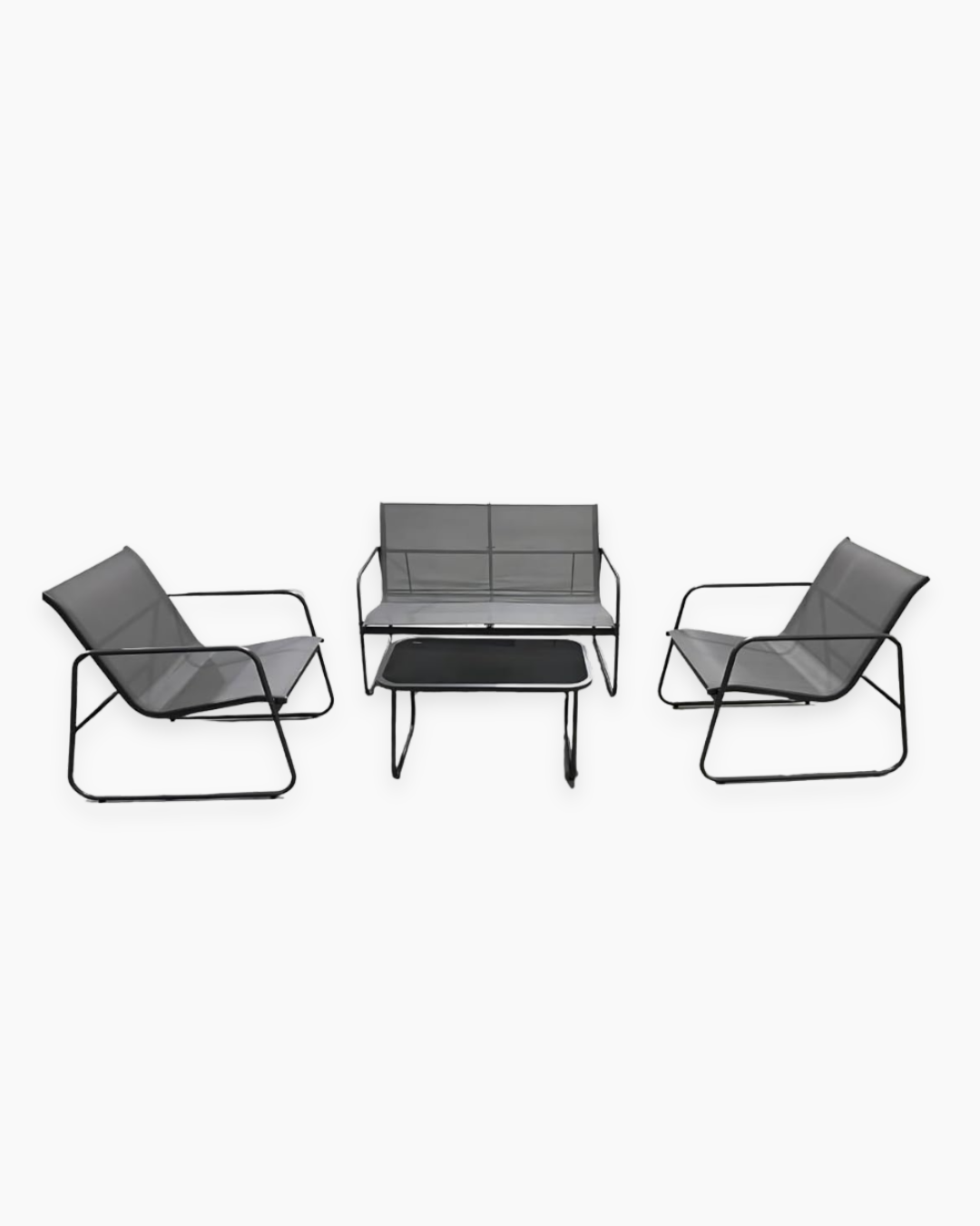 Outdoor lounge set with two chairs and a two-seater bench