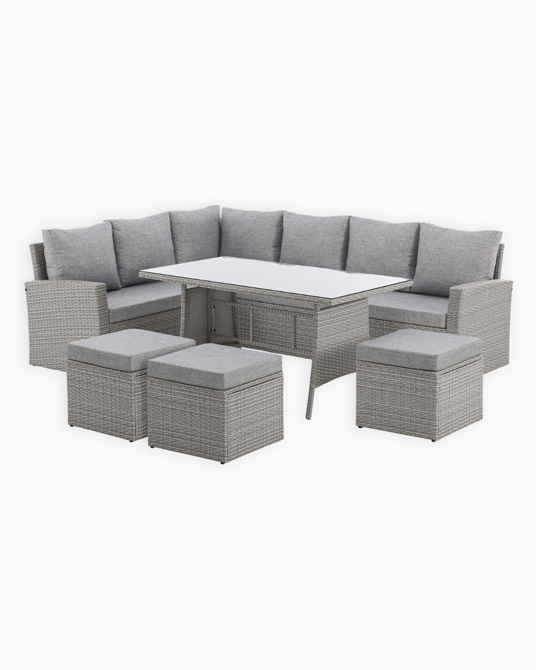 9 seater rattan corner sofa set in grey with dining table and cushions