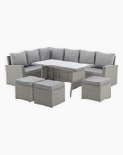 9 seater rattan corner sofa set in grey with dining table and cushions