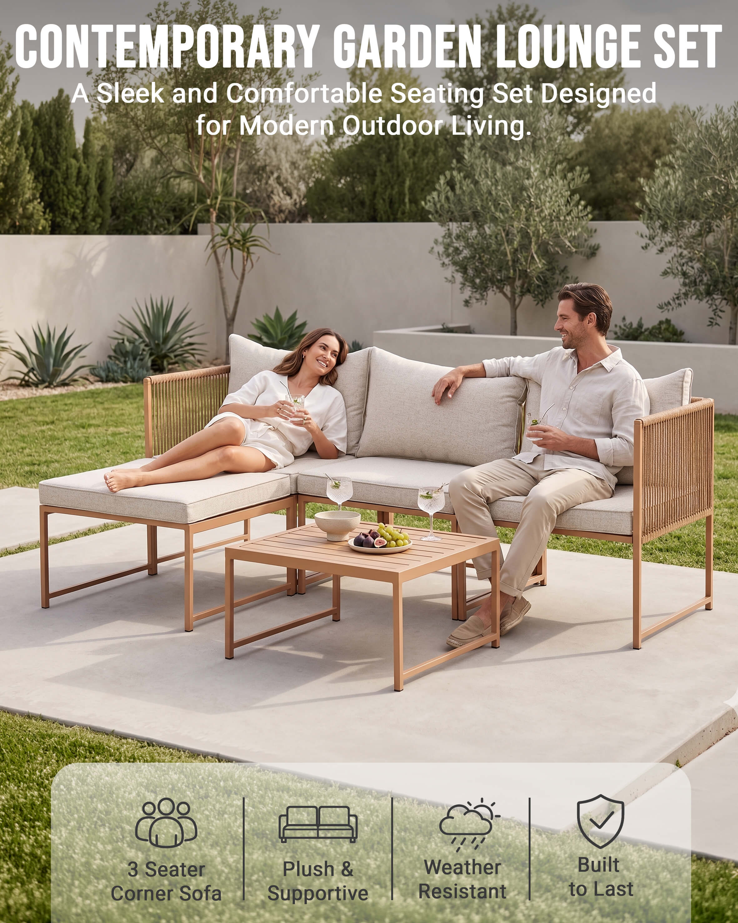 3 seater garden furniture with beige cushions