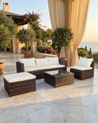 Brown Rattan Sofa Set with Cream Cushions