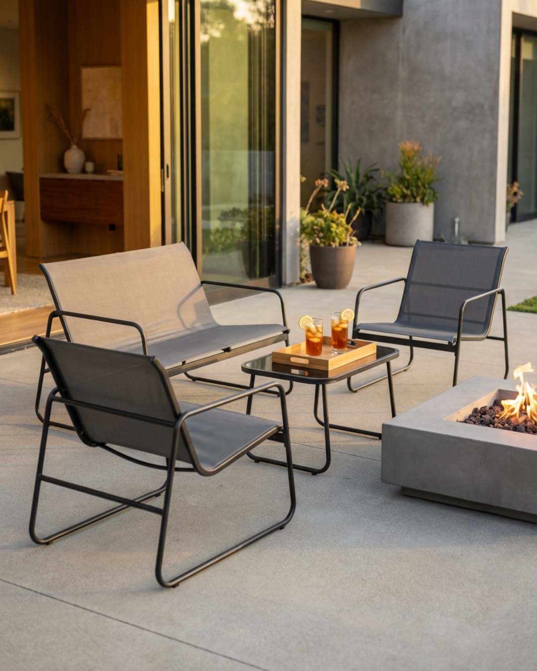 Outdoor patio set by a fire pit