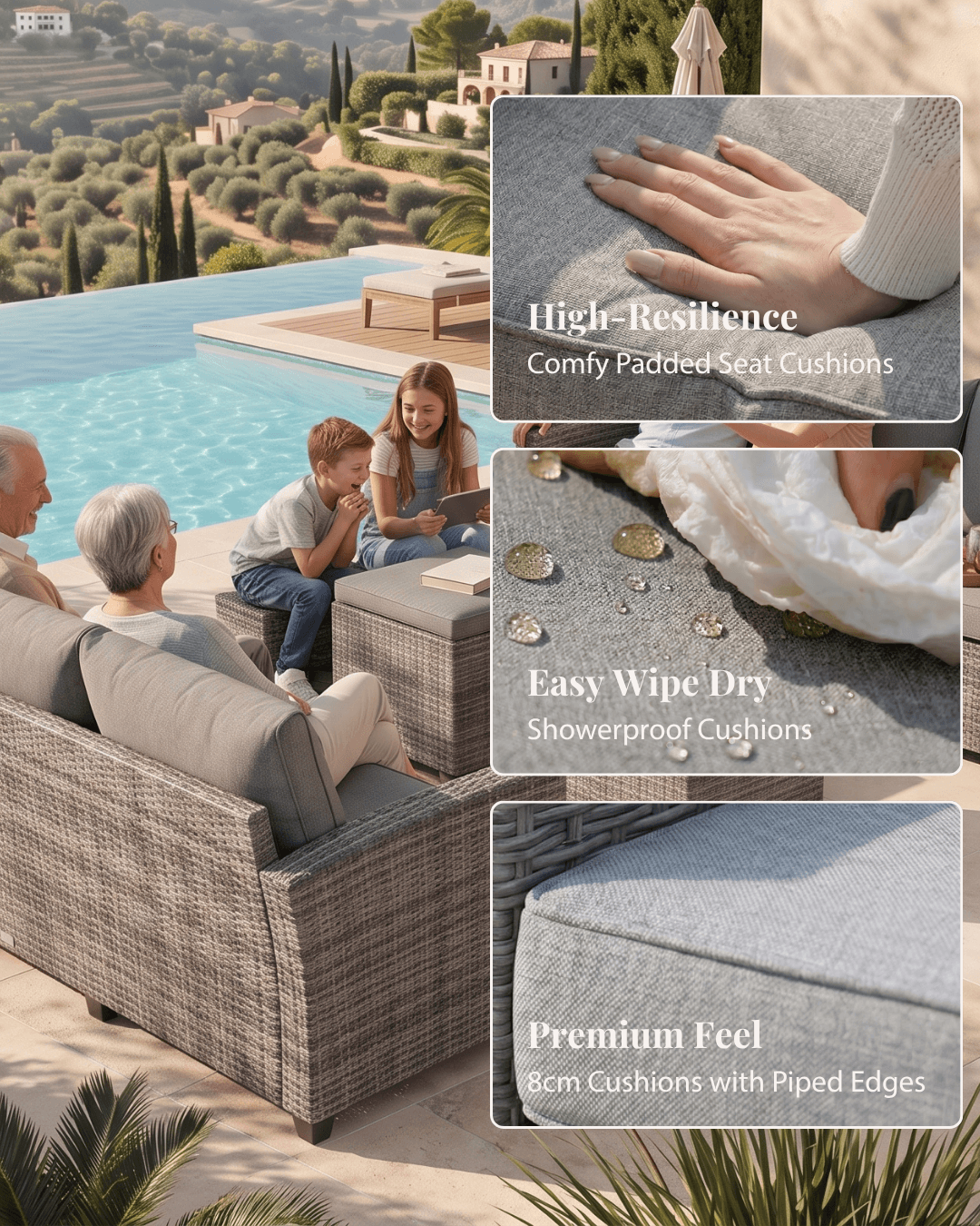 Outdoor patio furniture with a wicker sofa and lounge chair by a pool