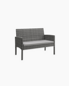 Grey rattan outdoor bench with cushion