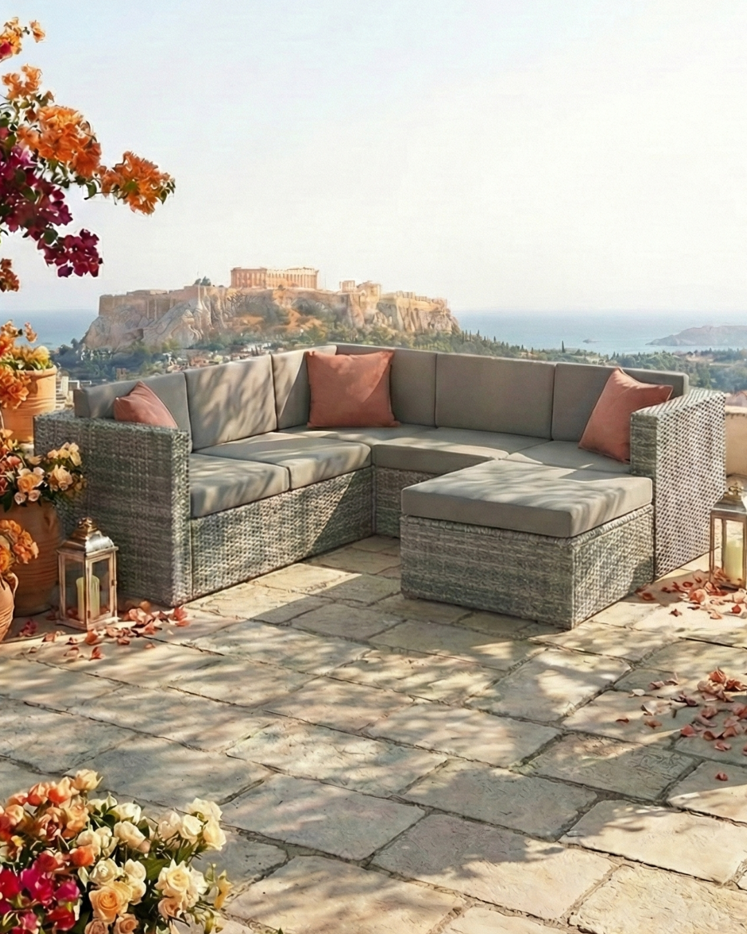 Outdoor modular sofa set arranged in corner configuration for garden seating
