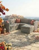 Outdoor modular sofa set arranged in corner configuration for garden seating