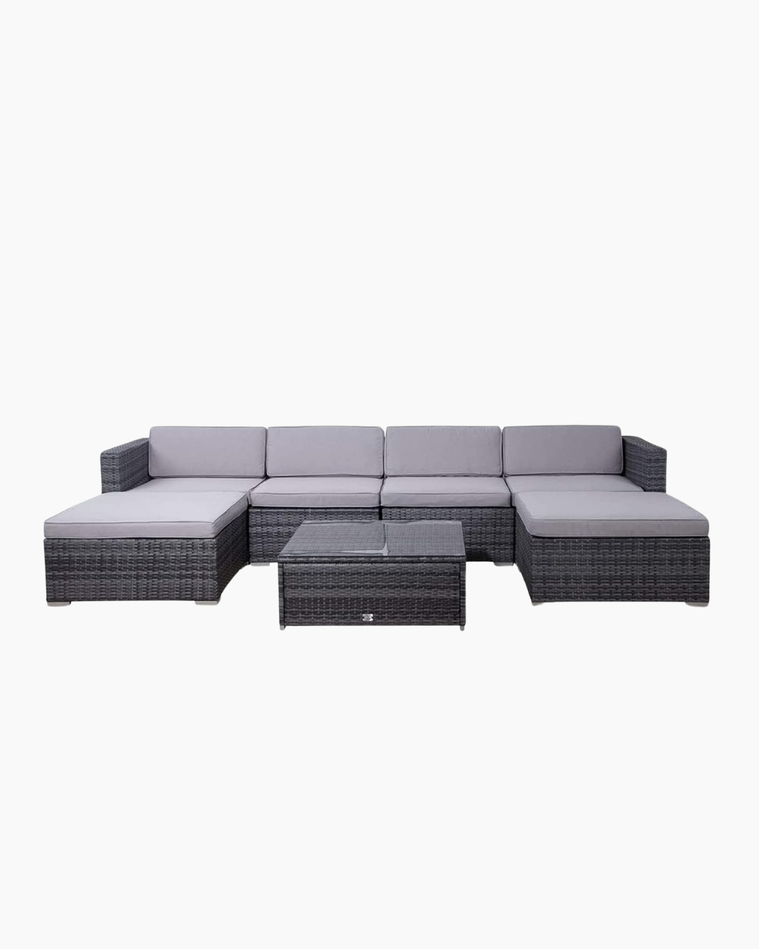 Grey outdoor sectional sofa with coffee table