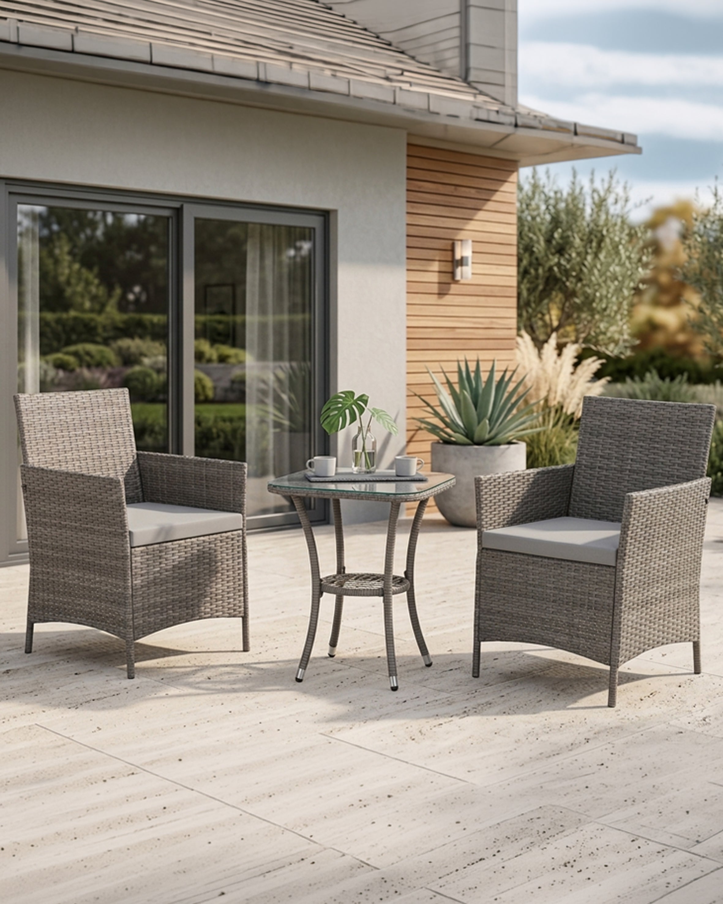 Outdoor patio set with two grey rattan chairs and a grey rattan table on a patio area