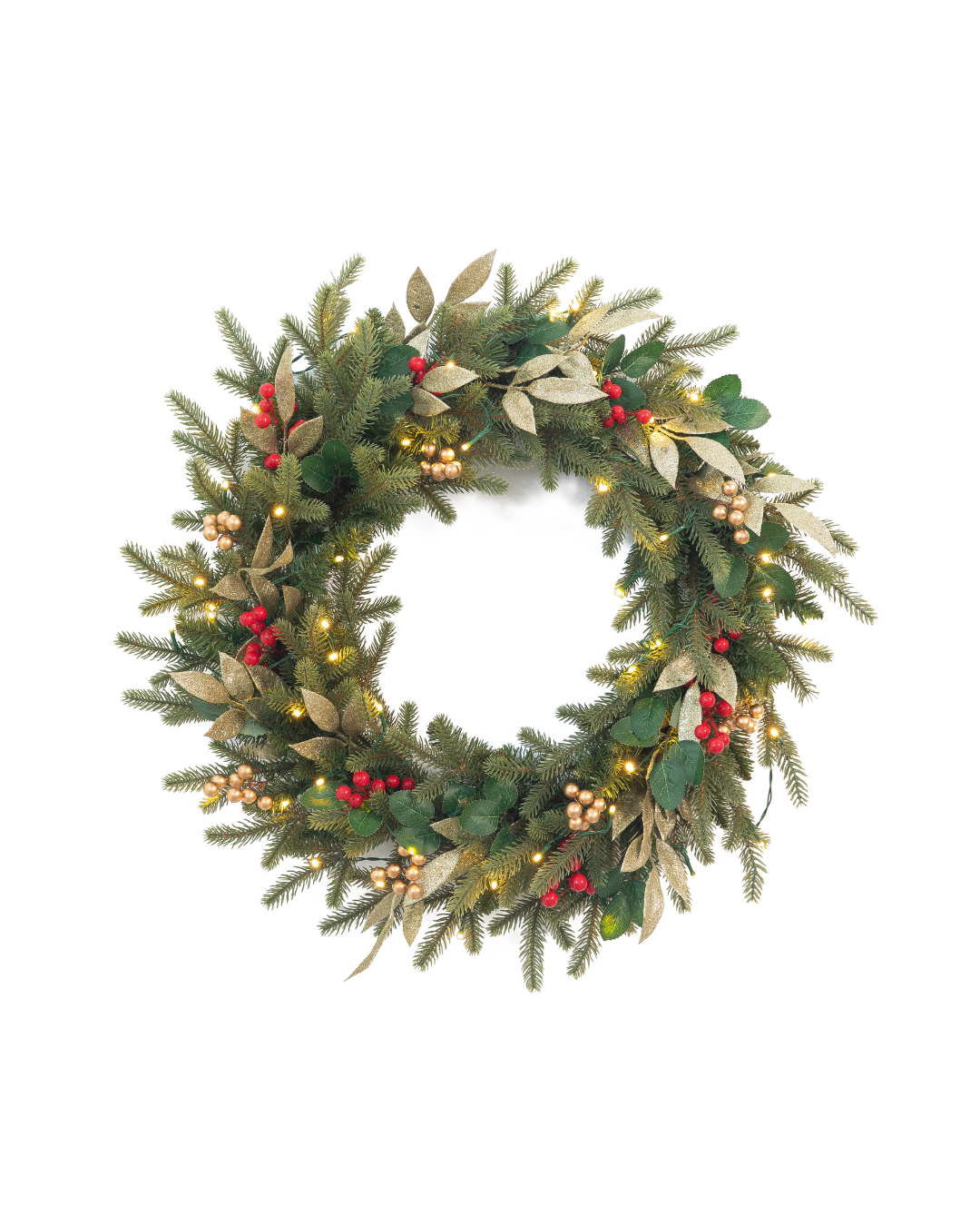 Pre-lit Christmas Wreath with Artificial Berries and Golden Accents
