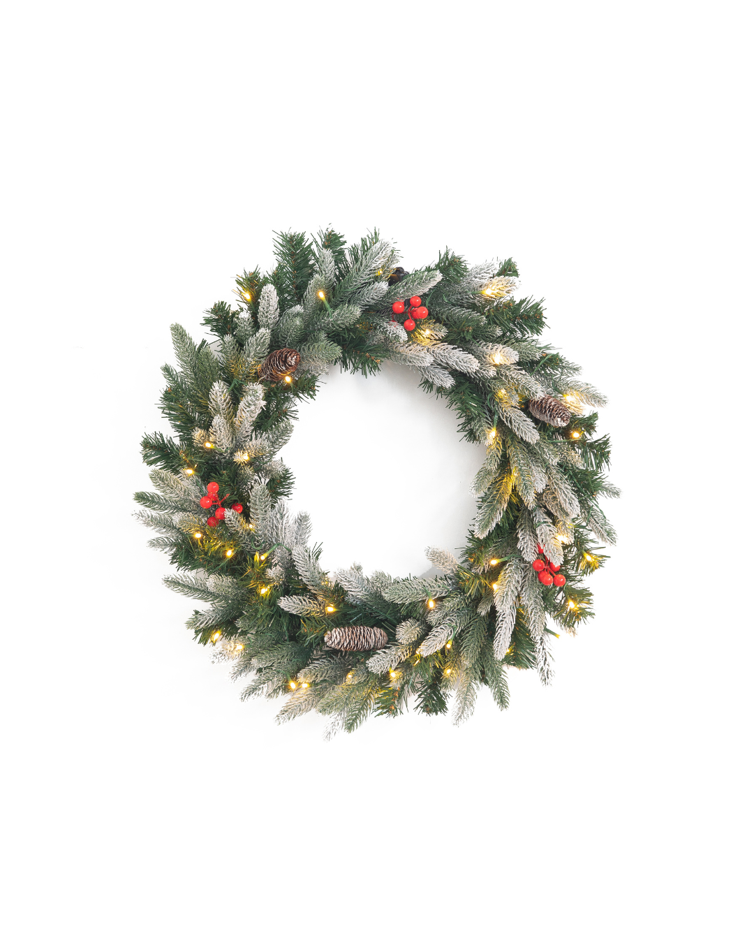 Prelit Christmas wreath with pine cones and red berries