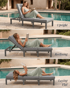 Three-panel collage showing a woman reading on a gray outdoor chaise lounge by a swimming pool