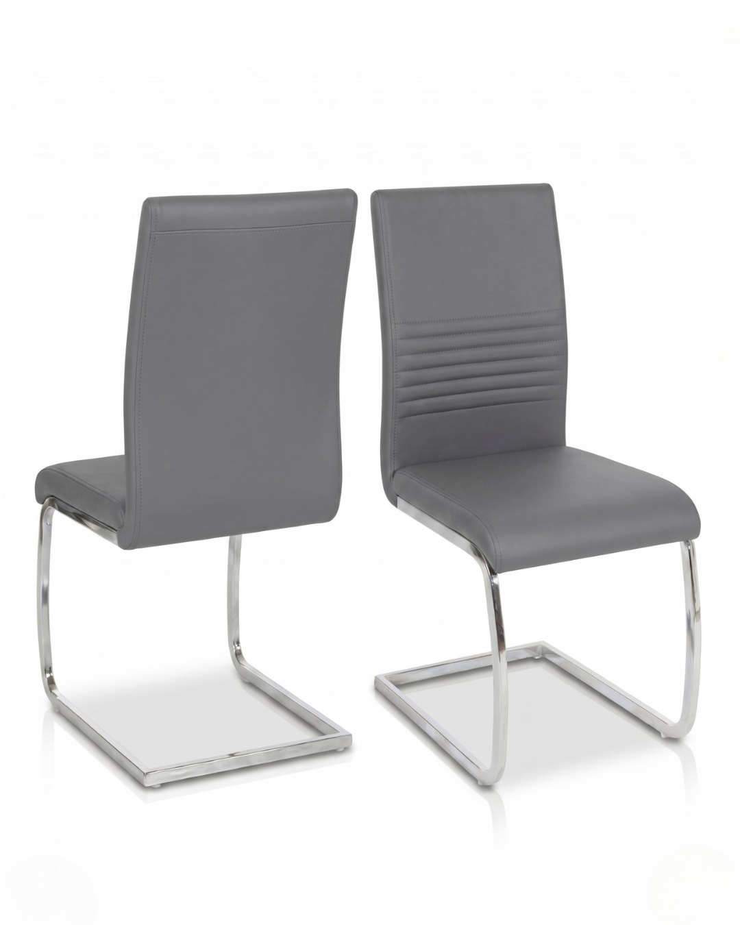 Two grey faux leather chairs with chrome legs